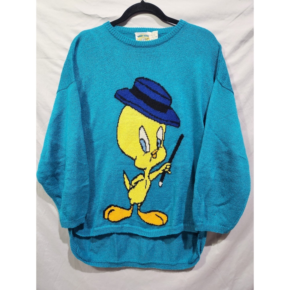 VTG 80s Looney Tunes Tweety Bird Merry Melodies LARGE Teal Sweater 1985‎
